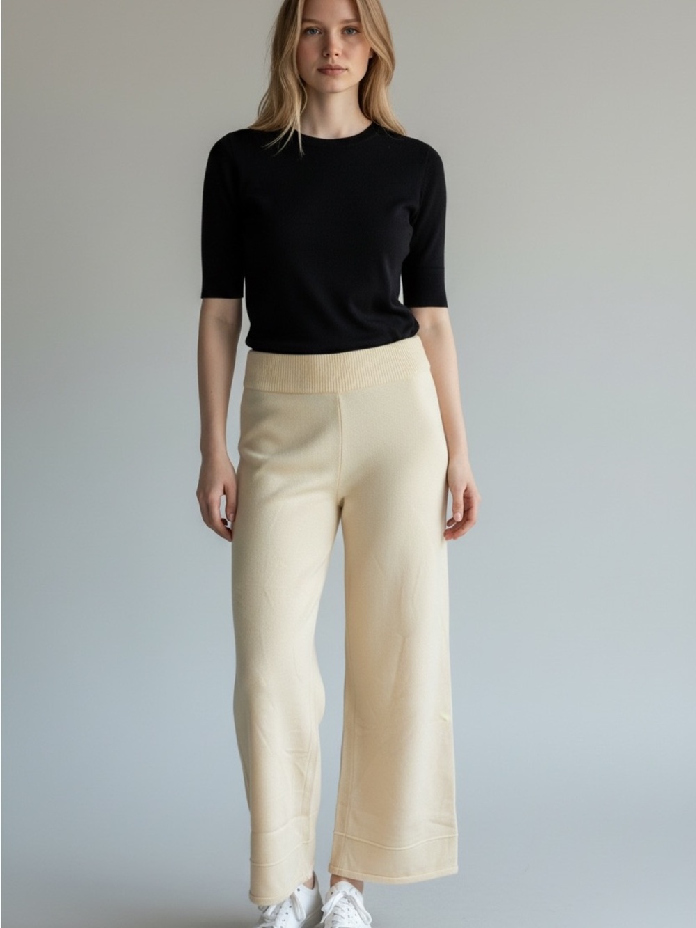Cream Wide-Leg Knit Pants with Elastic Waist